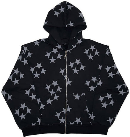 Stars Printed Zipper Hooded Cardigan Couple Fashion Outerwear Hoodies Sweatshirt Street Men Women Coat - cas7m