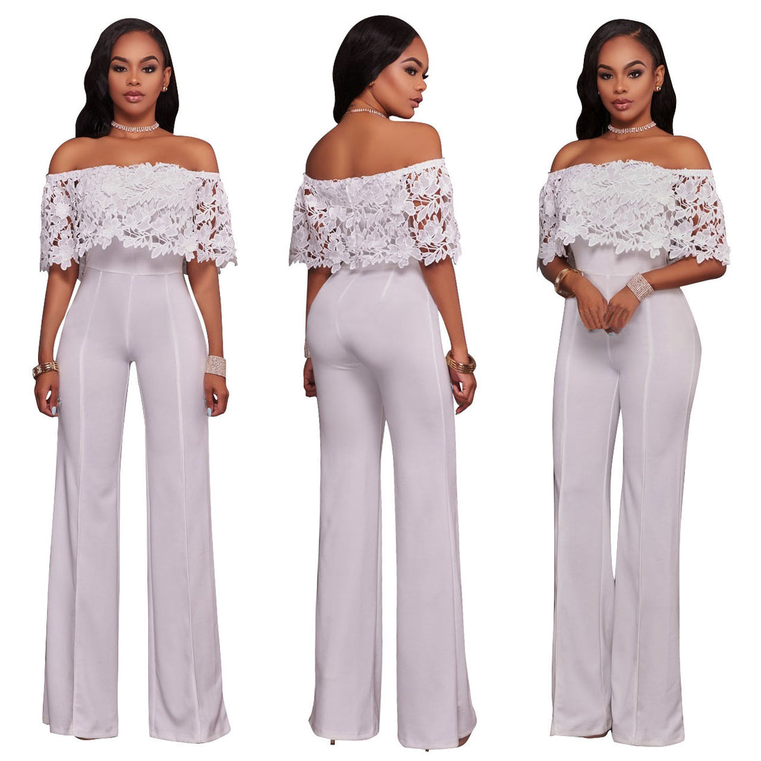Sexy Tight One-neck Water-soluble Embroidered Jumpsuit - cas7m
