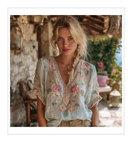 V-neck Elegant Artistic And Retro-style Short-sleeve Top For Women - cas7m