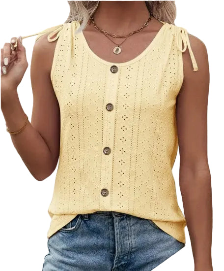Eyelet Button Front Tank Top, Casual Sleeveless Tank Top For Summer, Women's Clothing - cas7m