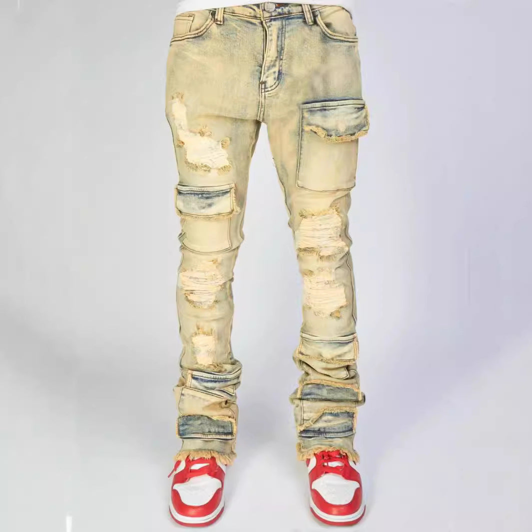 Men's Denim Straight-leg Overalls European And American Fashion Stretch Ripped Laminated Micro-pull Pants - cas7m