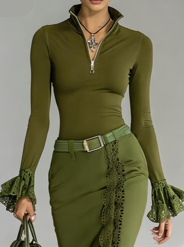 Lace-trimmed Stand-up Collar Zip-up Long-sleeved Top For Women - cas7m