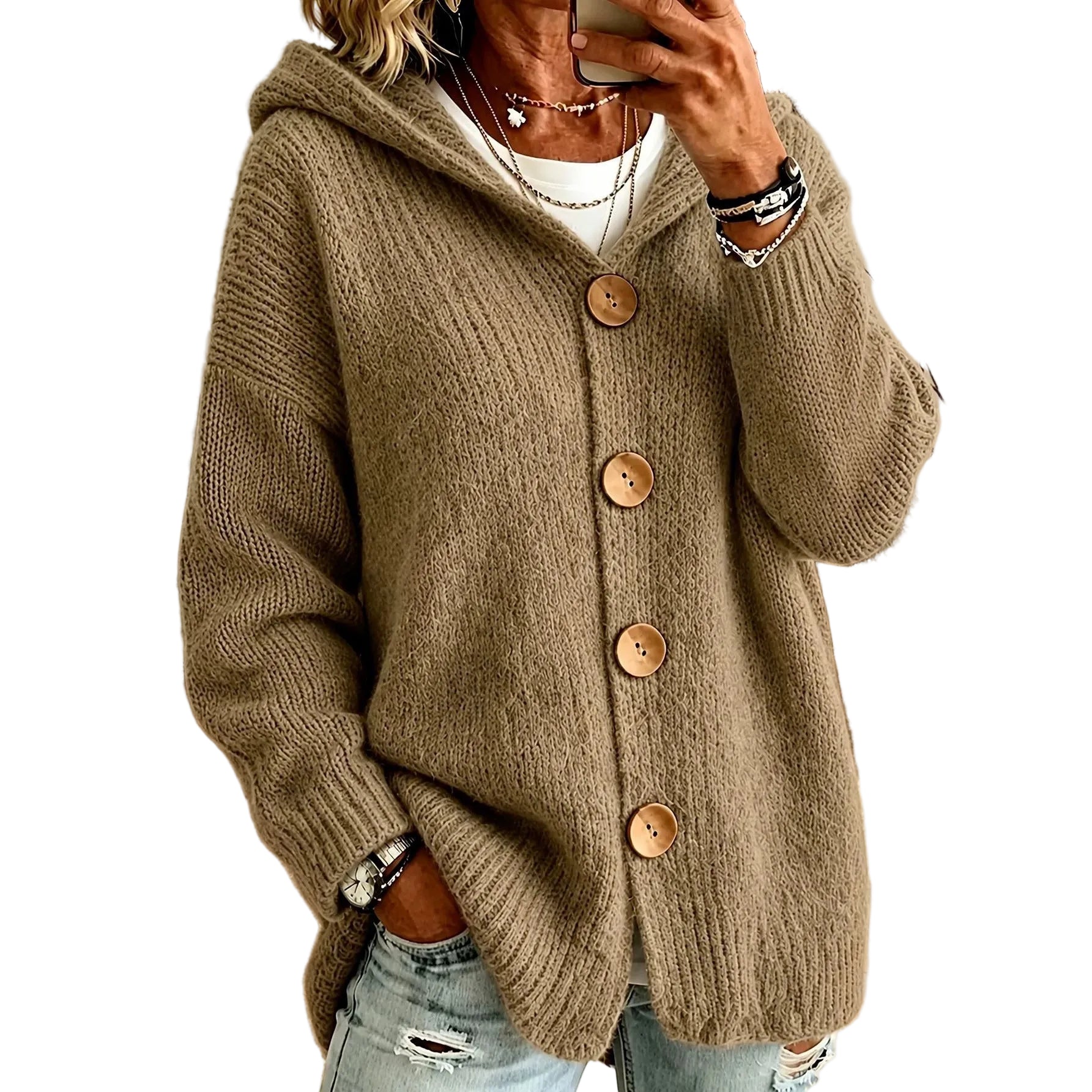 Hooded Cardigan Sweater Jacket With Four Buttons - cas7m