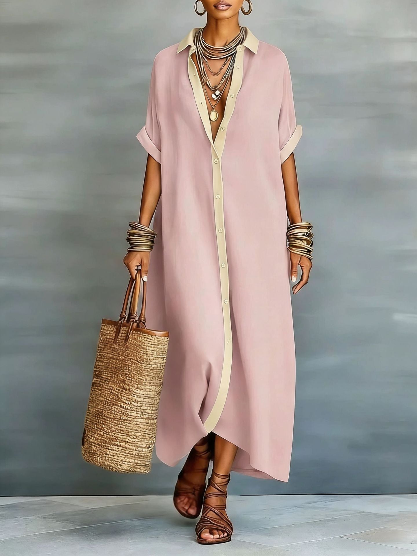 Color-blocked Loose  And Linen Long Dress Fashionable And Casual Dress - cas7m