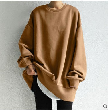 Autumn And Winter New Style Solid Color Mid-length Loose Round Neck Blouse Women - cas7m