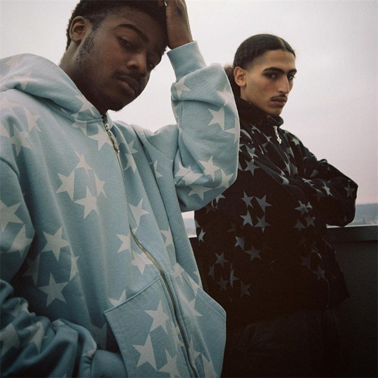 Stars Printed Zipper Hooded Cardigan Couple Fashion Outerwear Hoodies Sweatshirt Street Men Women Coat - cas7m