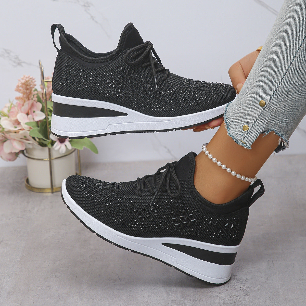 Ins Rhinestone Sneakers Fashion Lace Up Wedges Casual Shoes Women's Daily Commuting Sports Shoes - cas7m