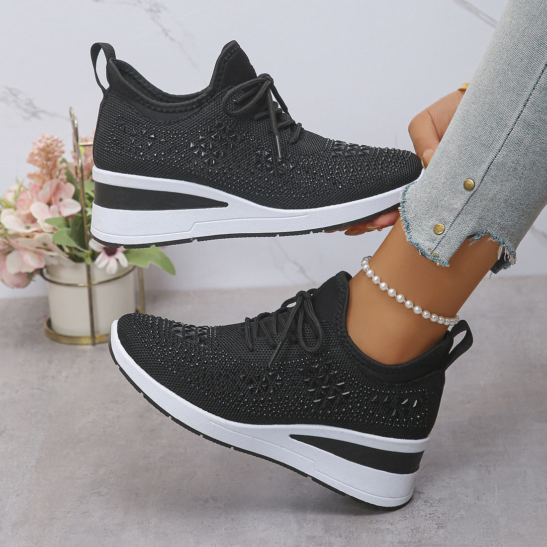 Ins Rhinestone Sneakers Fashion Lace Up Wedges Casual Shoes Women's Daily Commuting Sports Shoes - cas7m