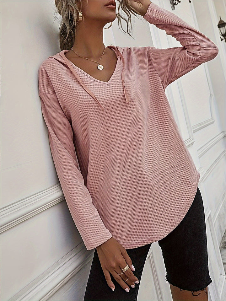 Elegant Beige Hanky Hem V-Neck Hoodie For Women - cas7m