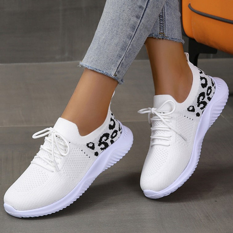 White Shoes Women Leopard Print Lace-up Sneakers Sports - cas7m