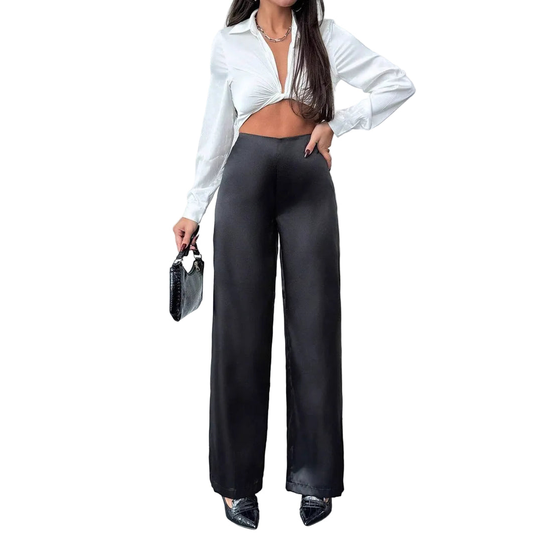 Women's Solid-Colored Casual Loose Satin Wide-Leg Pants - cas7m