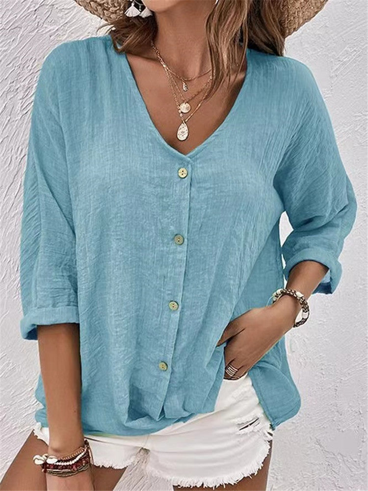 V-neck Long-sleeved T-shirt Fashion Solid Color Button Top Casual Loose Clothing For Women - cas7m