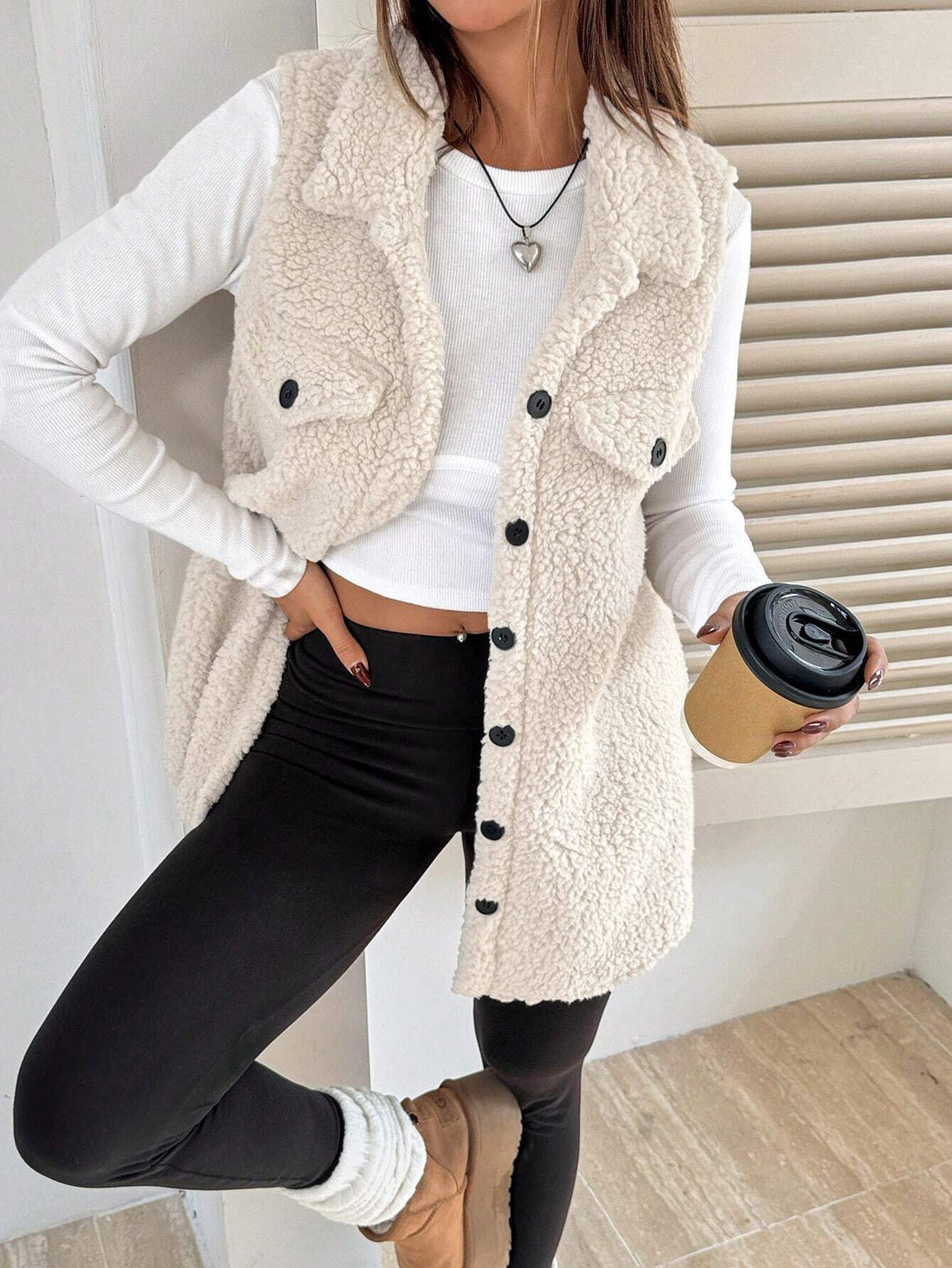 Lapels Open Button Plush Vest Cardigan - cas7m