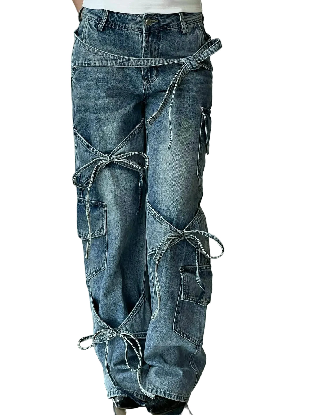 Elegant Patchwork Denim Jeans: Full-Length, Regular Fit for Daily Wear - cas7m