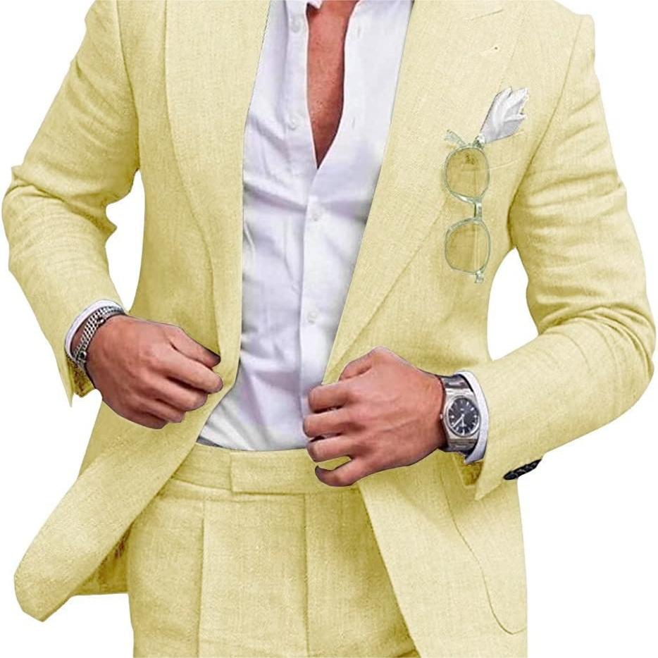 Men's Large Single Row One Button Solid Color Suit Two-piece Set - cas7m