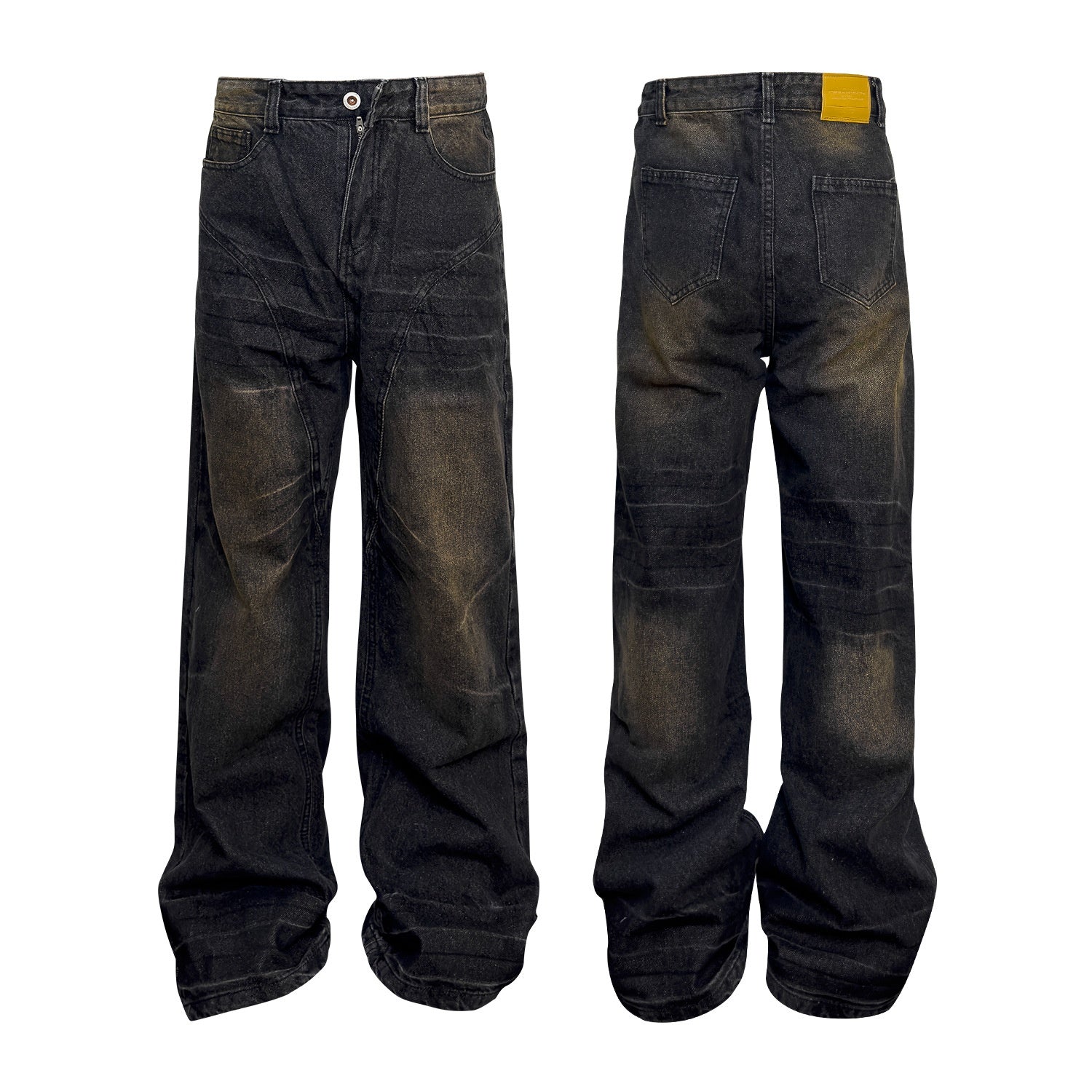 Washed Straight Dirty Mud Textured Deconstructed Jeans - cas7m