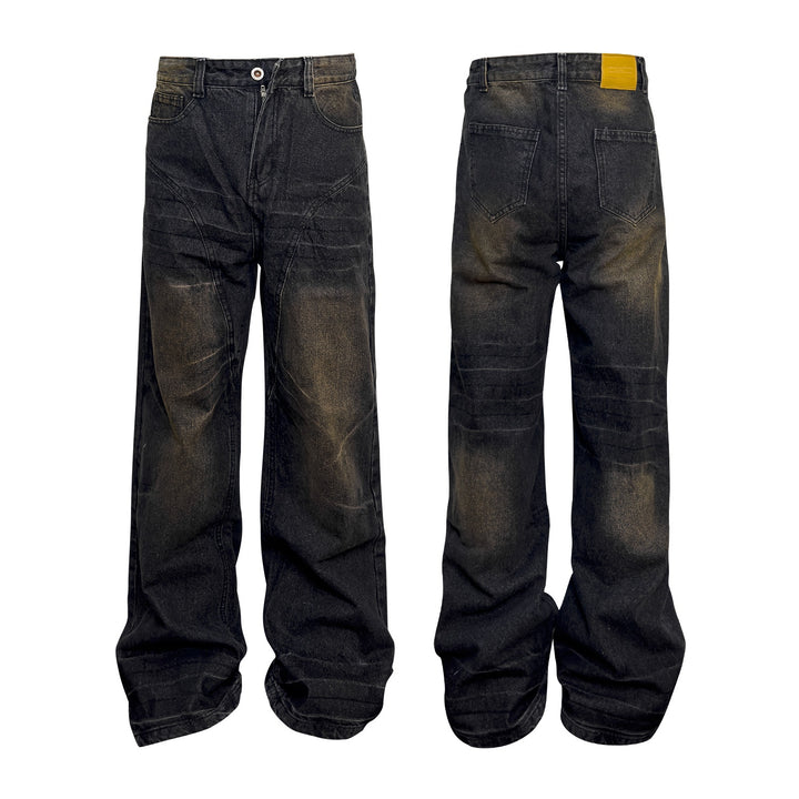 Washed Straight Dirty Mud Textured Deconstructed Jeans - cas7m