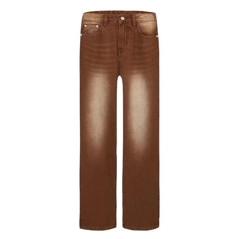American Retro Brown Straight-leg Denim Pants - cas7m