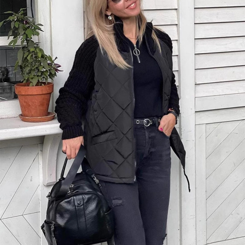 Winter Stand Collar Cotton Jacket With Pockets Fashion Knitted Stitching Zipper Coat Warm Tops For Women Clothing - cas7m