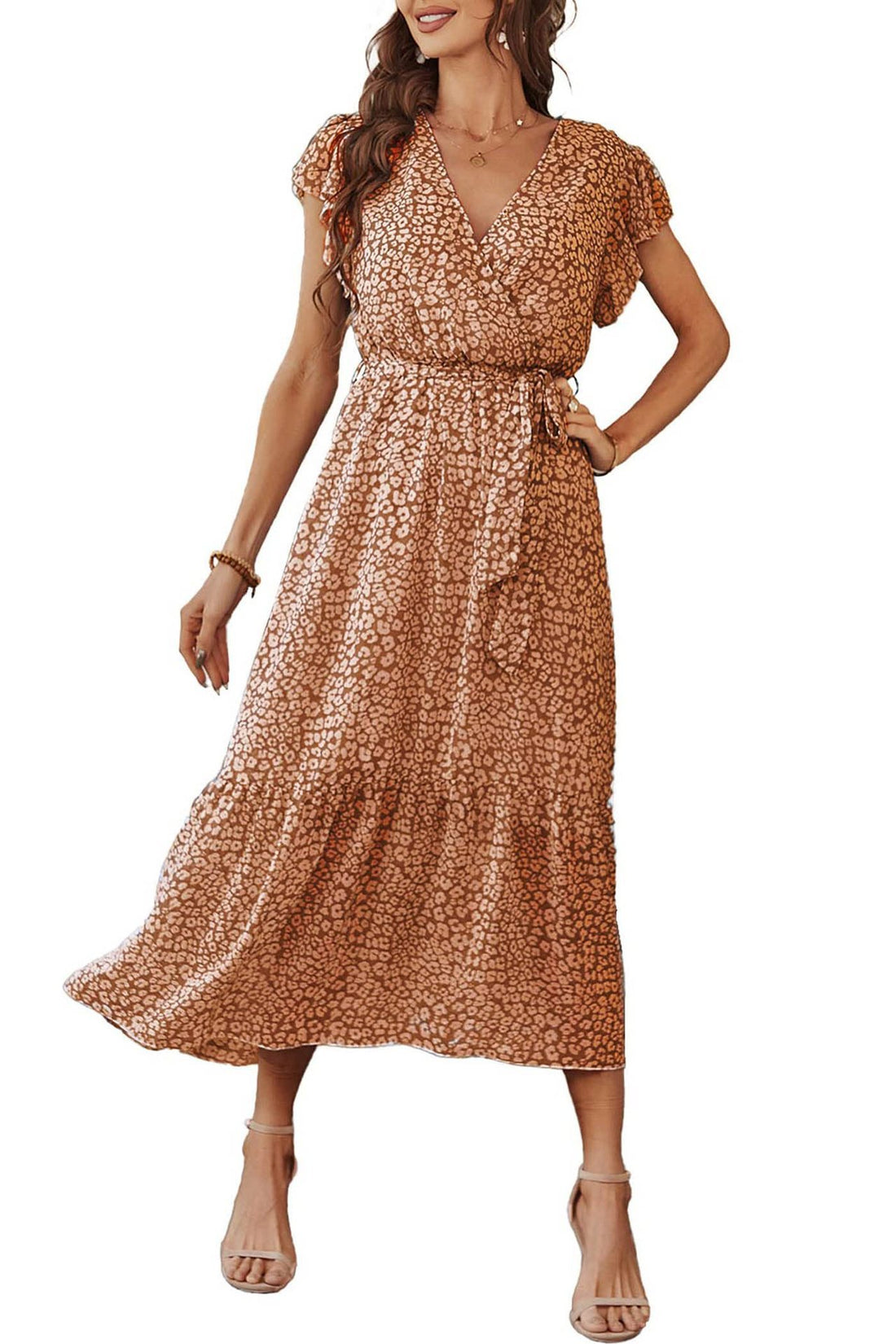 Womens Floral Print Flounce Short-Sleeve Midi Dress - cas7m