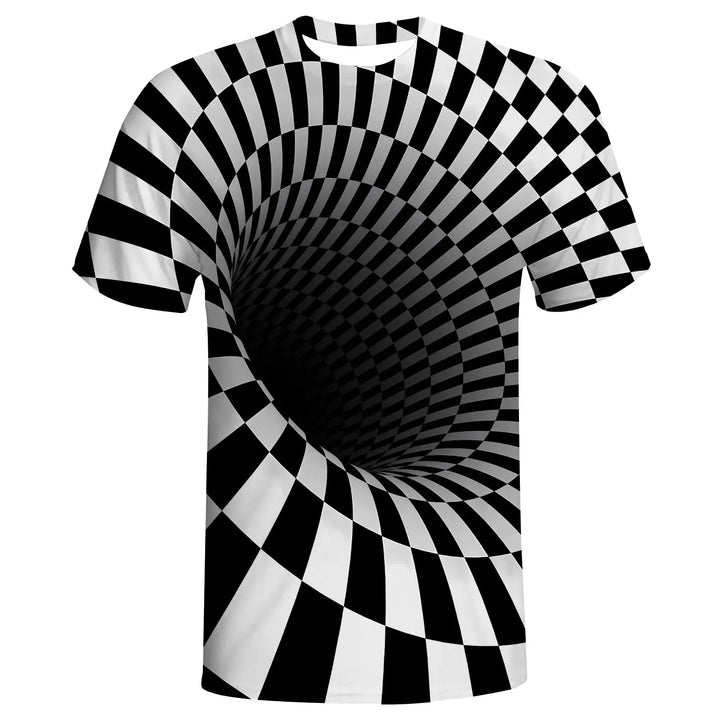 Black and white checkered t-shirt with optical illusion design on a white background