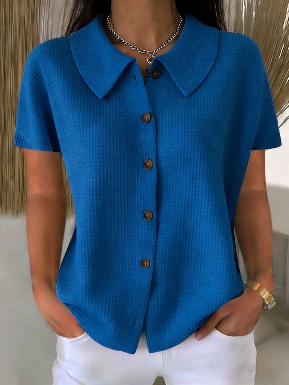 Turn-Down Collar Waffle Weave Solid Color Casual Loose Fit Short Sleeve Shirt - Women's Cotton Blend Lightweight Summer Top For Daily Wear - cas7m