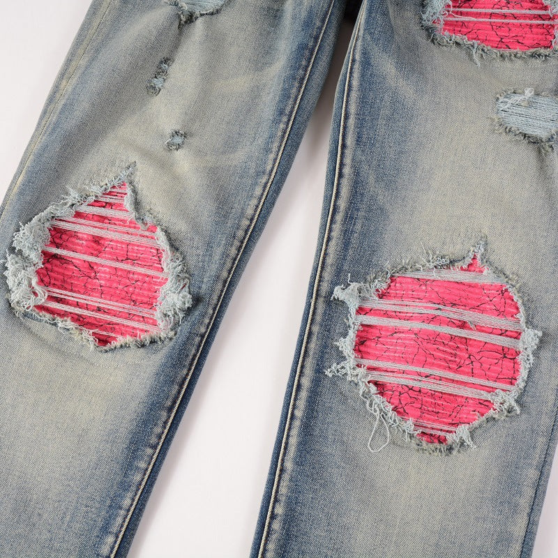 Men's Frayed And Worn Washed Ink Painting Slim Jeans - cas7m
