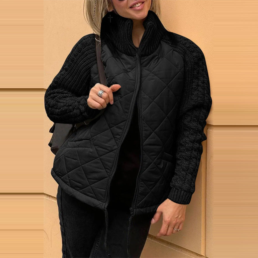 Winter Stand Collar Cotton Jacket With Pockets Fashion Knitted Stitching Zipper Coat Warm Tops For Women Clothing - cas7m