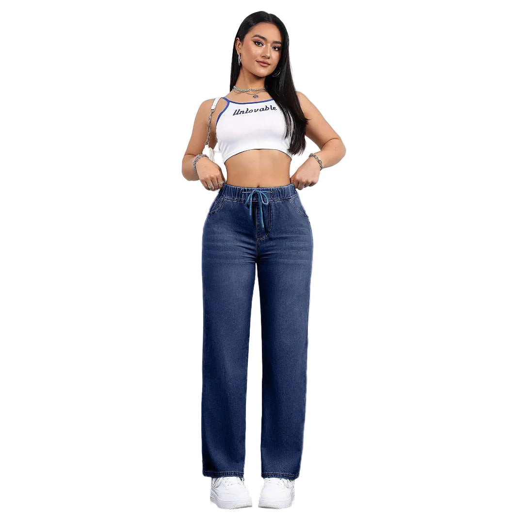 Oversized Jeans Drawstring Elastic Waistband Plain Washed Blue Casual - cas7m