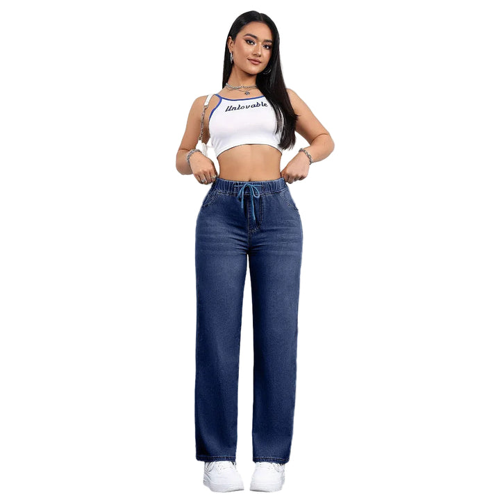 Oversized Jeans Drawstring Elastic Waistband Plain Washed Blue Casual - cas7m