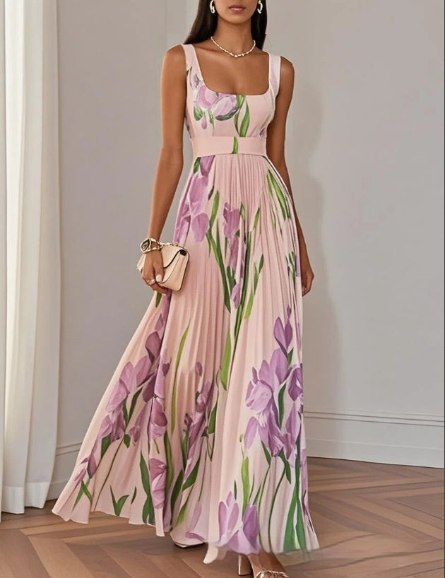 Floral Print Pleated Dress Summer A-Line Sleeveless Midi Dresses Women's Clothing - cas7m