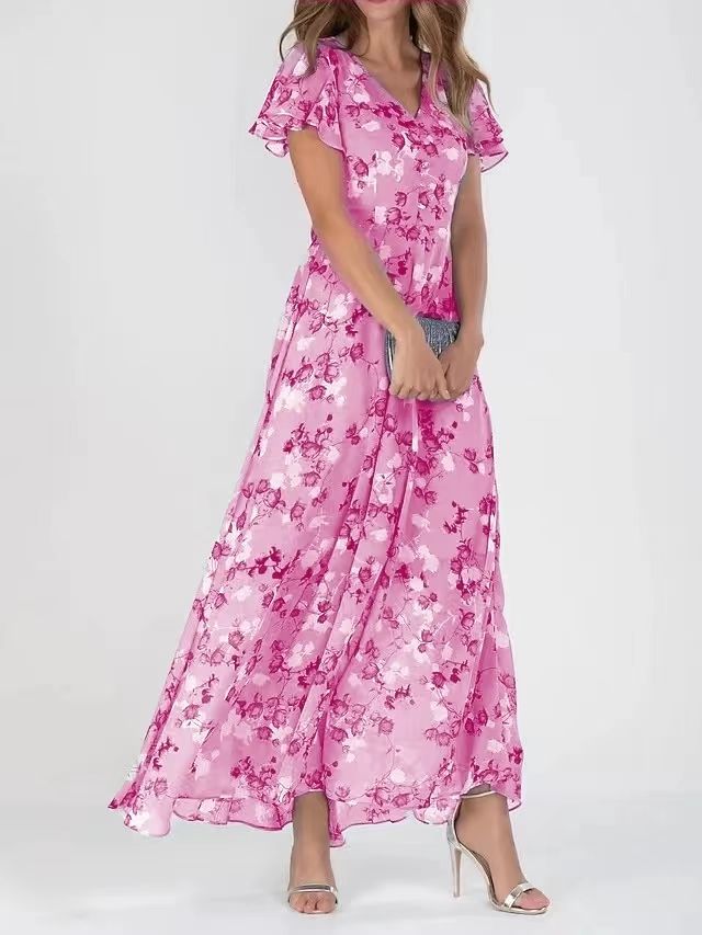 Flowers Print Short Sleeve Dress Summer Fashion Ruffle Beach Dresses Women's Clothing - cas7m