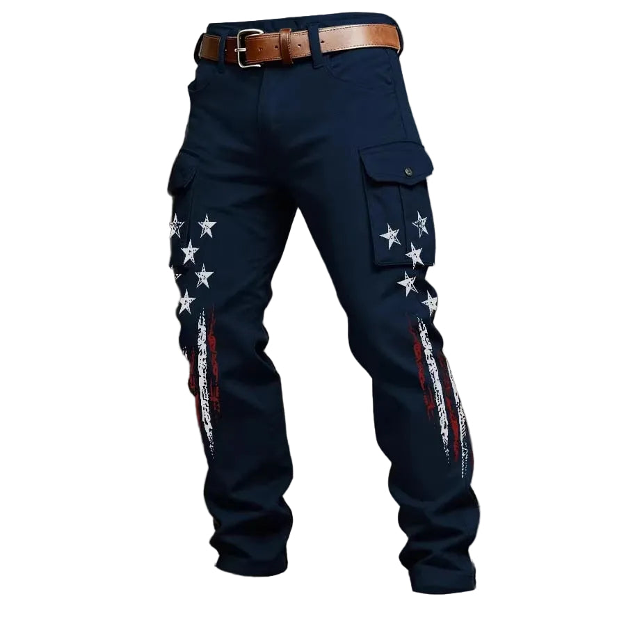 Navy blue cargo pants with star and stripe design on a textured gray background