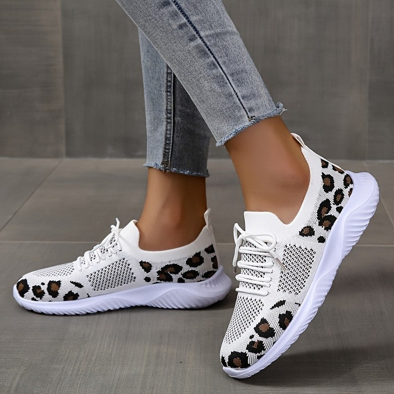 White Shoes Women Leopard Print Lace-up Sneakers Sports - cas7m