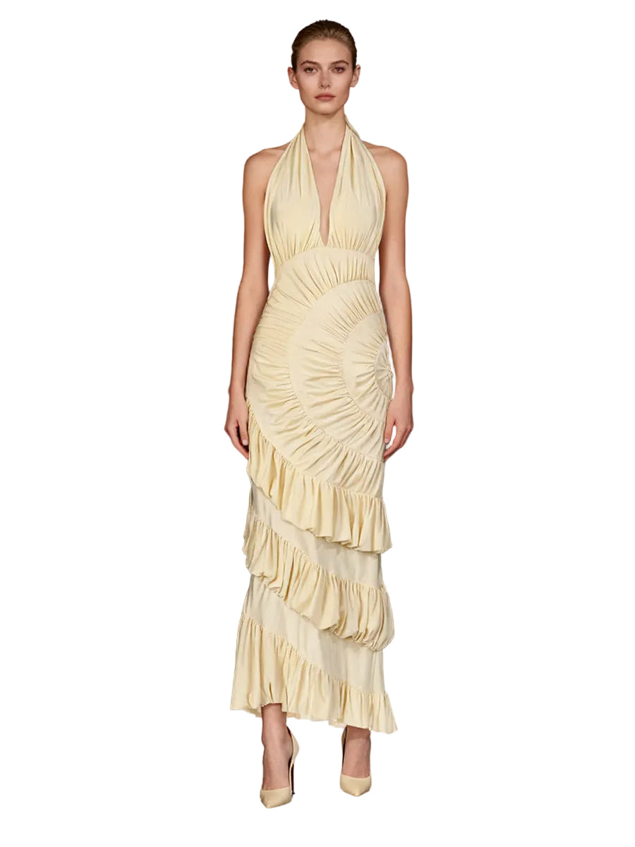 Apricot Halter Neck Backless Long Dress Women Pleated Ruffle Fishtail Evening Gown