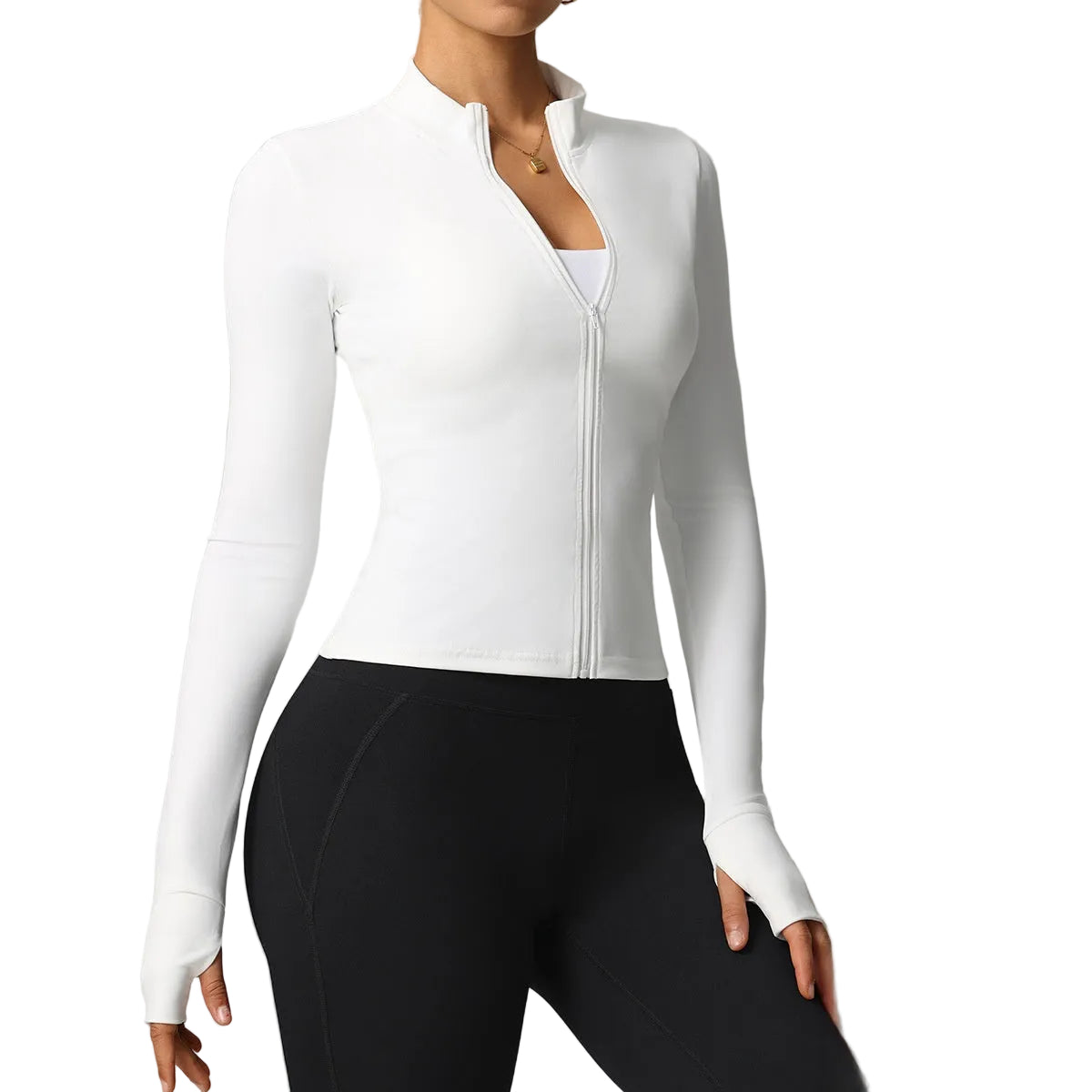 A woman wearing a fitted white long-sleeve zip-front athletic top with a stand collar and black leggings, photographed against a light gray studio background. A small color-options inset appears in the lower left corner.