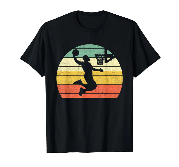 Black t-shirt with a colorful basketball design on a white background