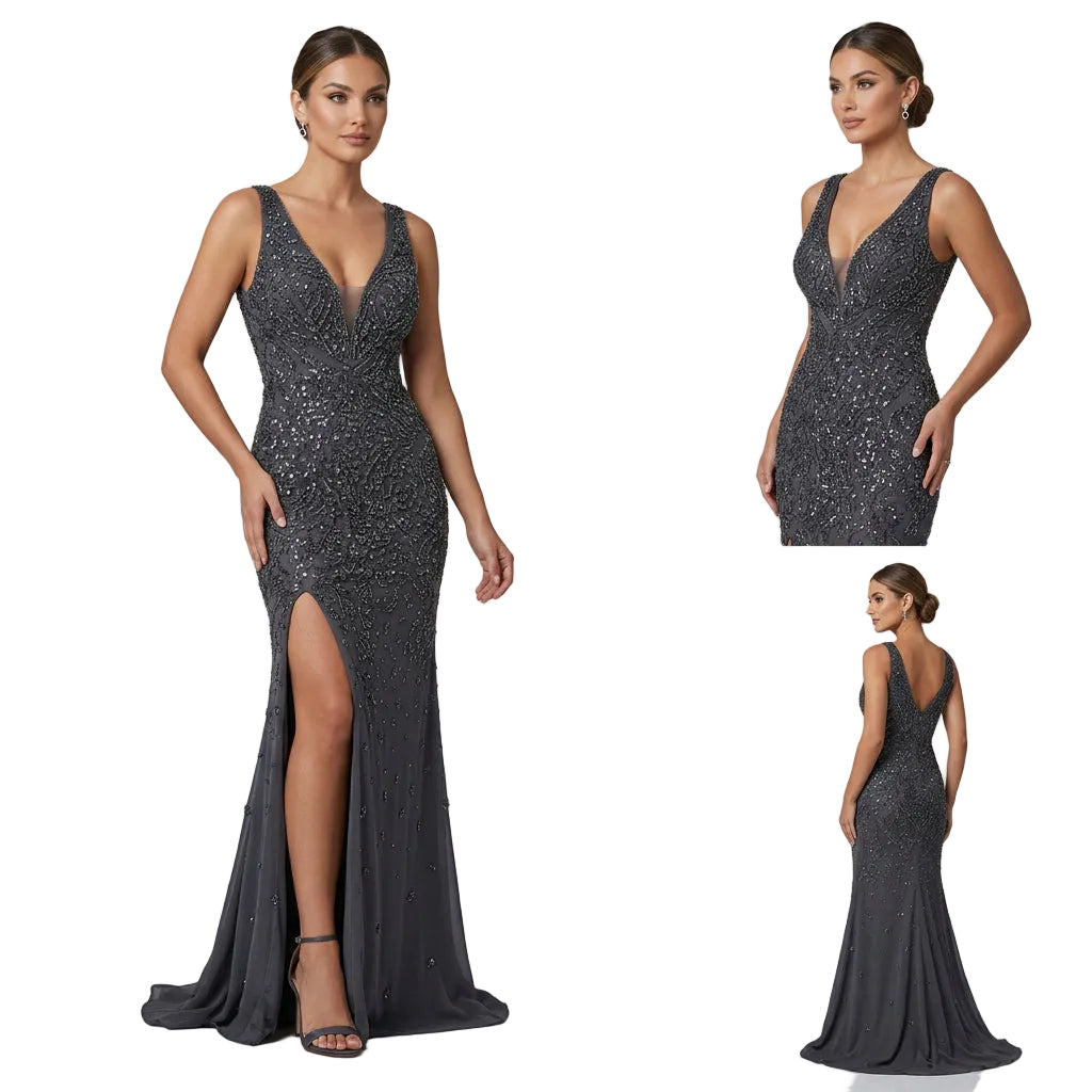 Woman wearing a sparkly evening gown with a slit in front against a dark curtain background