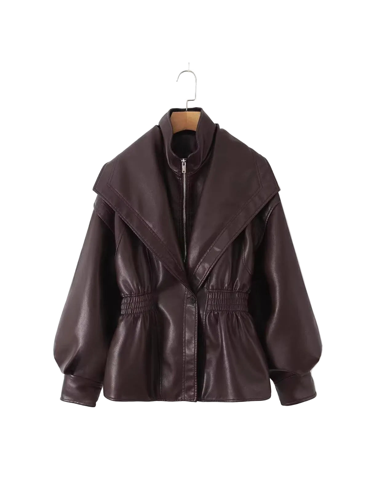 A dark brown faux leather jacket with a wide lapel collar, front zipper, and elasticized waist, hanging on a wooden hanger against a plain white background.