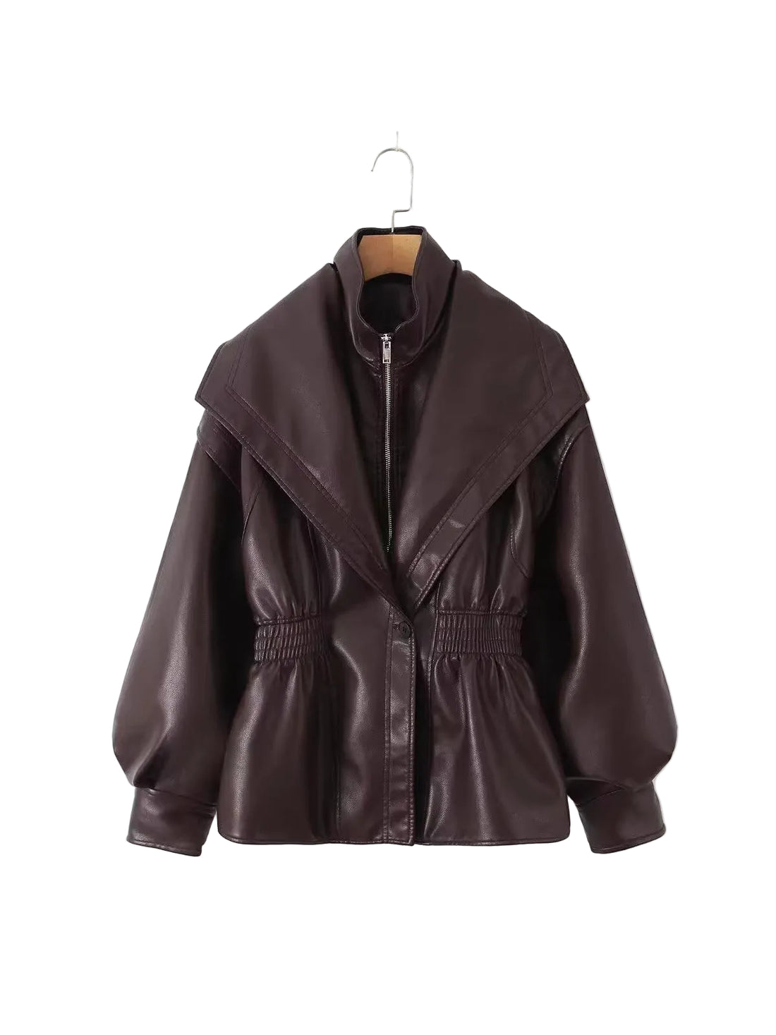 A dark brown faux leather jacket with a wide lapel collar, front zipper, and elasticized waist, hanging on a wooden hanger against a plain white background.
