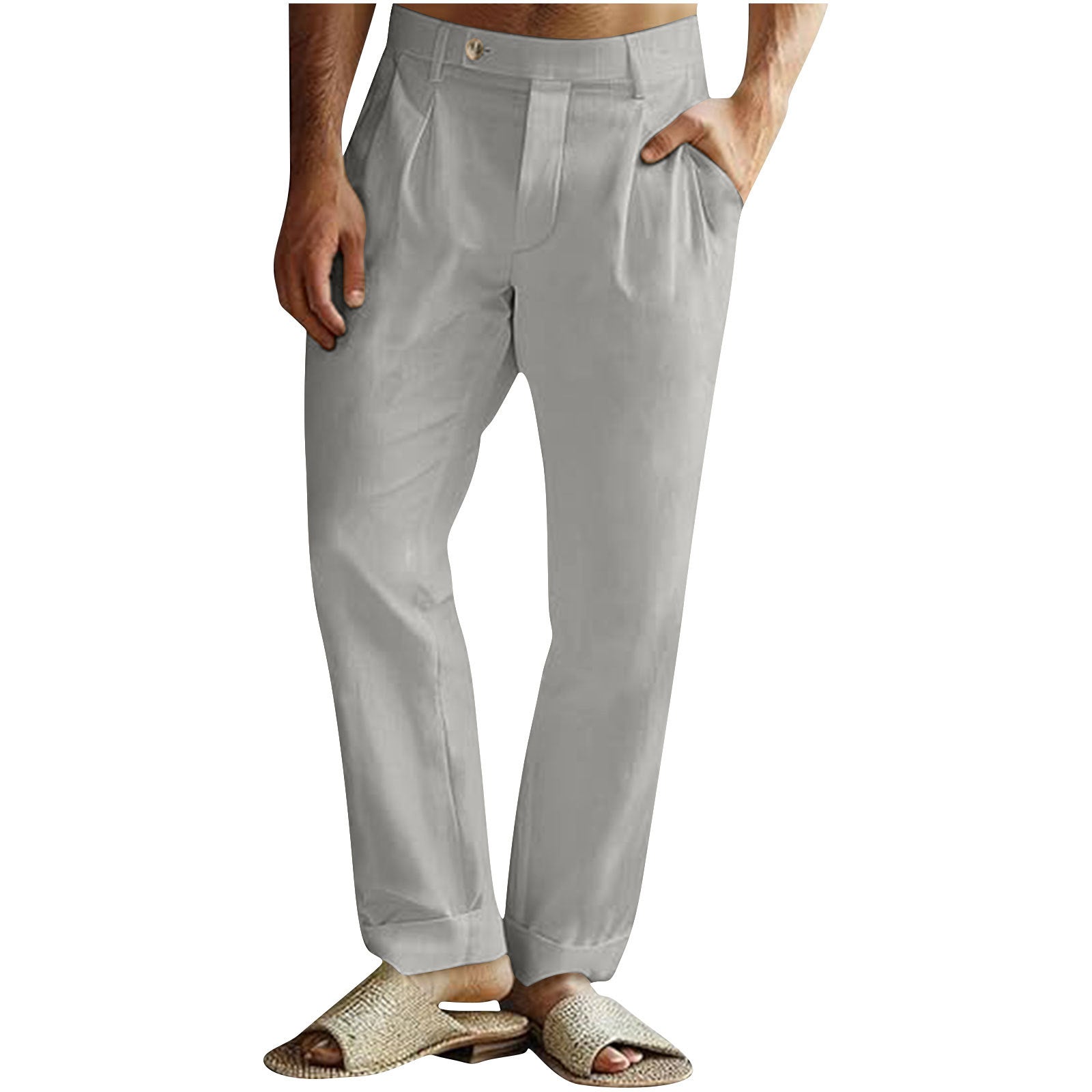 Men's Casual Cotton Linen Pants Pleated Elastic Waist Pants - cas7m