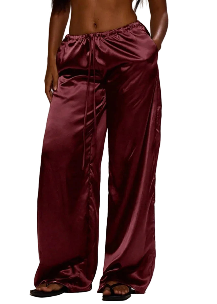 Satin Loose Wide Leg Drawstring Long Pants - cas7m