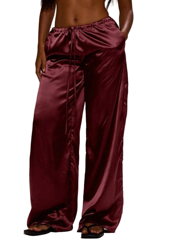 Satin Loose Wide Leg Drawstring Long Pants - cas7m