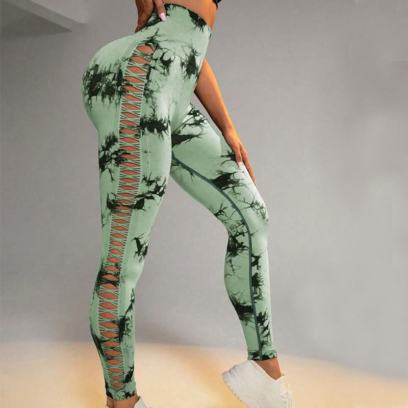Hollow Tie Dye Printed Yoga Pants High Waist Butt Lift Seamless Sports Gym Fitness Leggings Slim Pants For Women Tight Trousers - cas7m