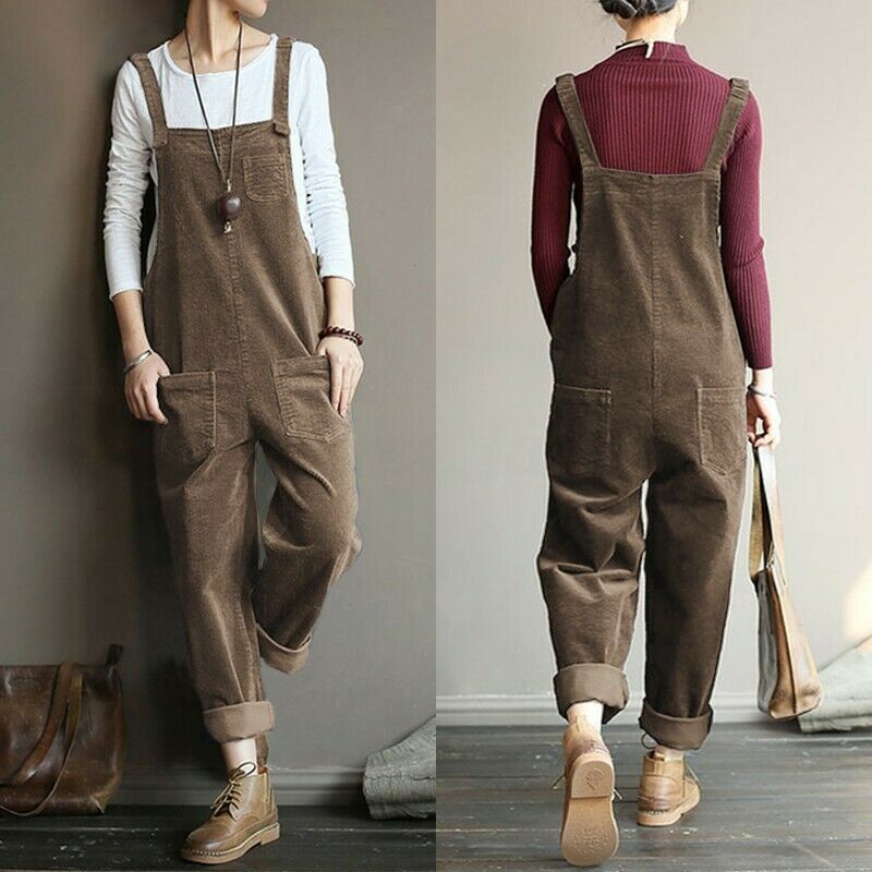 Women's Corduroy Solid Color Casual Bib Pants - cas7m