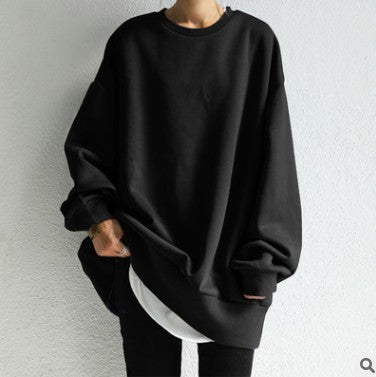Autumn And Winter New Style Solid Color Mid-length Loose Round Neck Blouse Women - cas7m