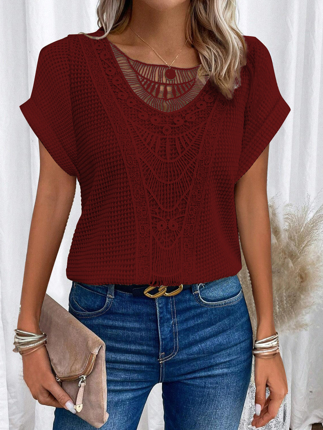 Independent Site Hollowed Lace Patchwork Plus-size Short-sleeve T-shirt Cross-border - cas7m