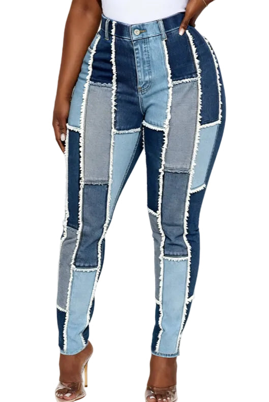 Patchwork Frayed Casual High-waisted Slim-fit Ripped Jeans - cas7m
