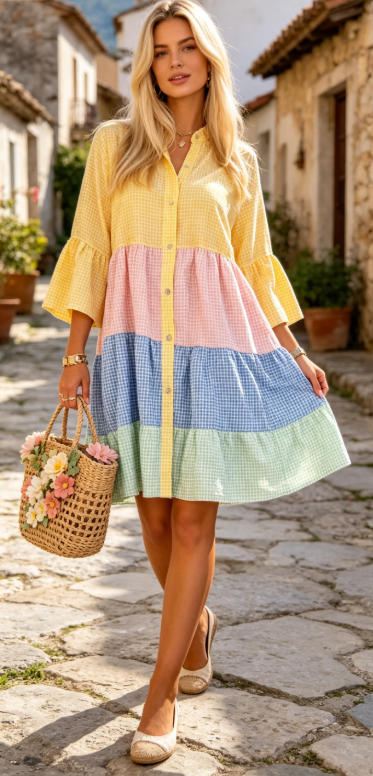 Color-block Plaid Patchwork Shirt Dress Loose-fitting With Flared Sleeves And A Tiered Cake Skirt - cas7m