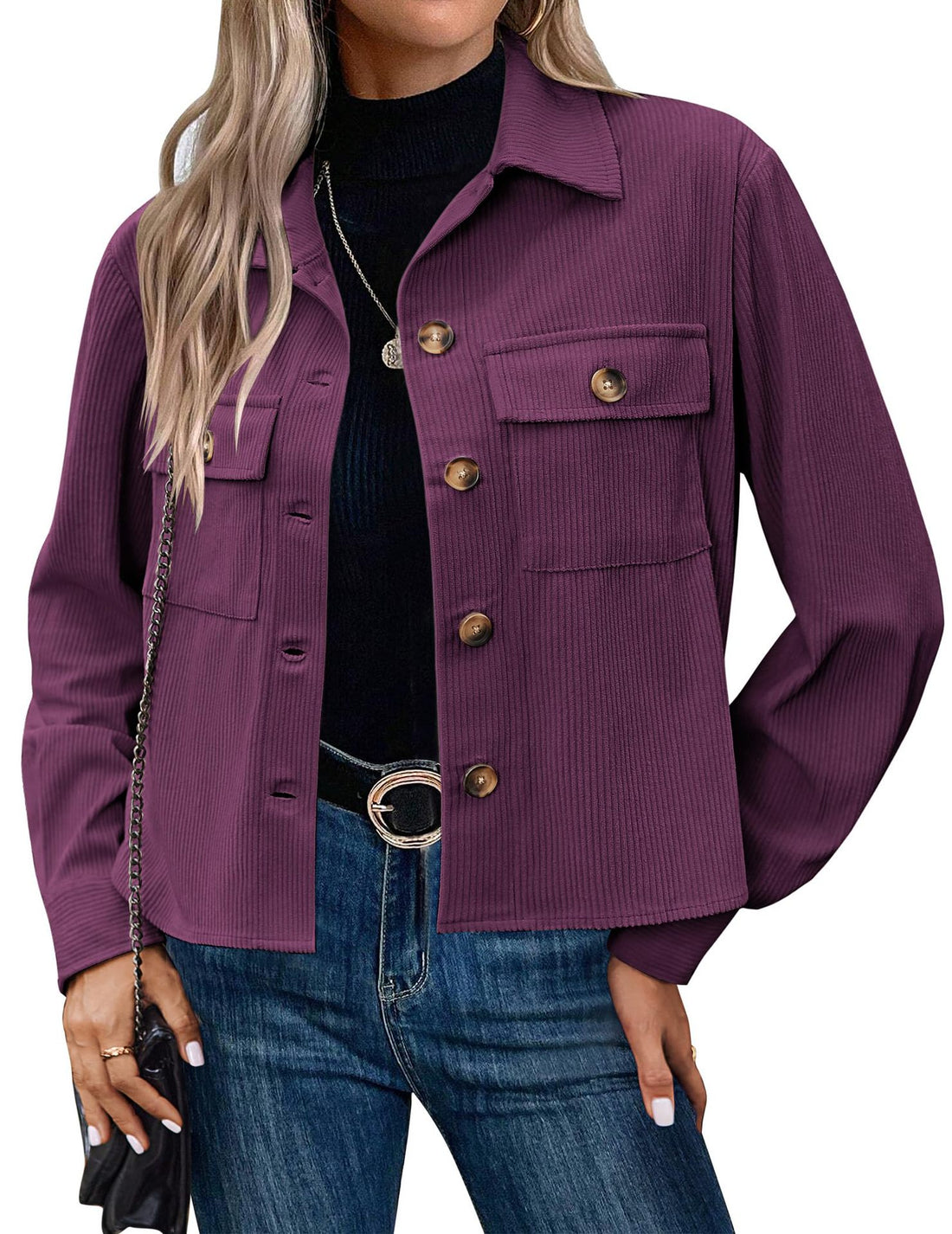 Corduroy Button Cropped Jacket For Women - cas7m